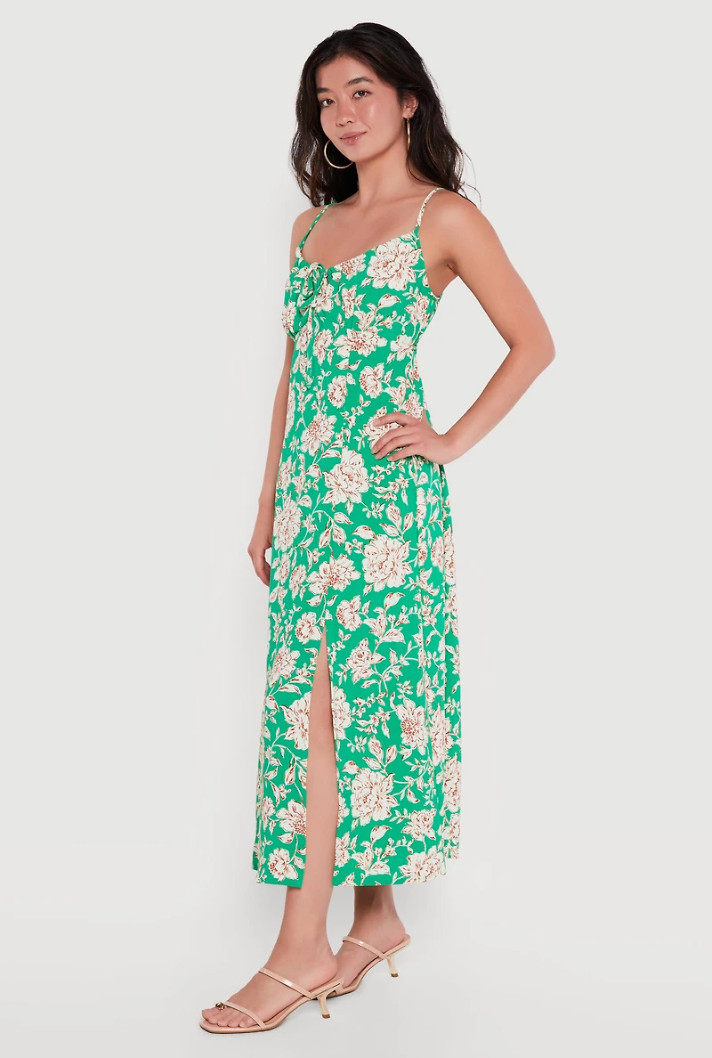 Floral Front Slit Keyhole Detail Midi Dress