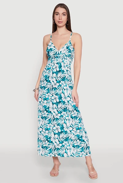 Womens Tropical Floral Print Empire Waist Maxi Dress, Multi, Size L