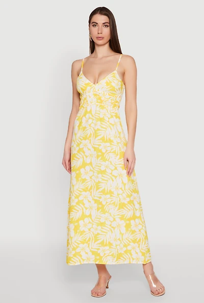 Womens Tropical Floral Print Empire Waist Maxi Dress, Yellow, Size M