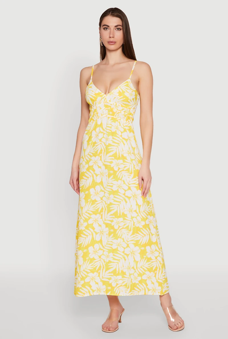 Tropical Floral Print Empire Waist Maxi Dress