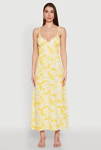 Womens Tropical Floral Print Empire Waist Maxi Dress, Yellow, Size M