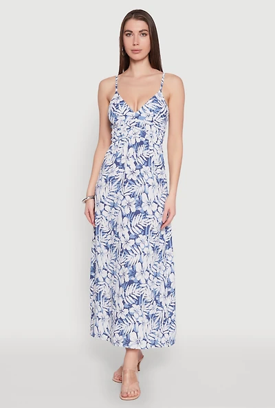 Tropical Floral Print Empire Waist Maxi Dress