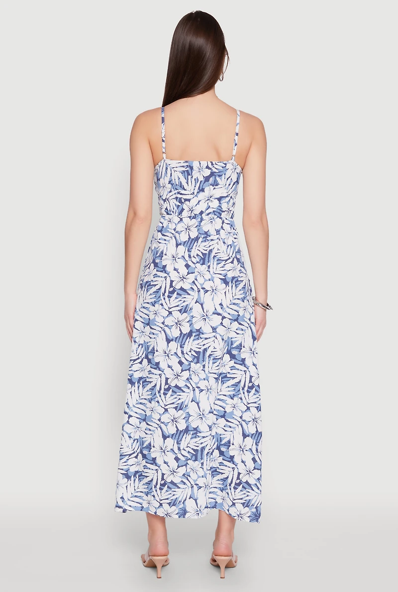 Womens Tropical Floral Print Empire Waist Maxi Dress, Blue, Size L