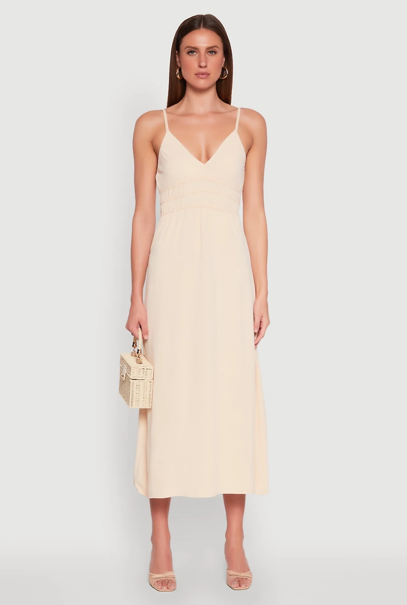 Womens V Neck Empire Waist Maxi Dress, Beige, Size S