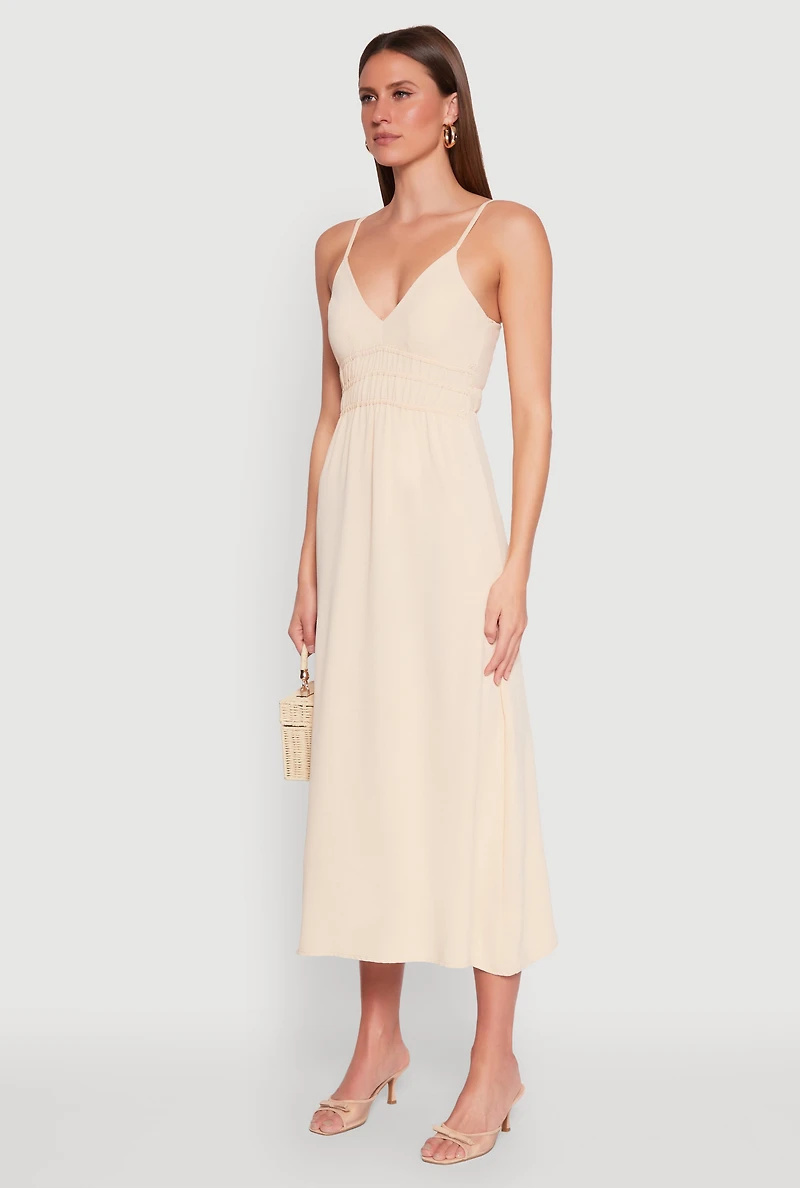 Womens V Neck Empire Waist Maxi Dress, Beige, Size S