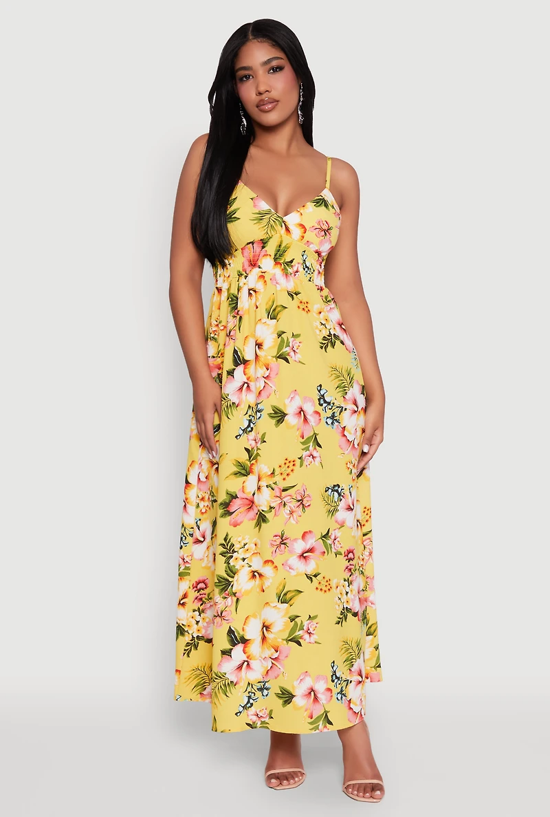 Womens Airy Floral V Neck Maxi Dress, Yellow, Size M