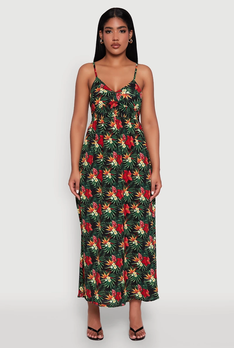 Womens Floral Print Smocked Back Bustier Dress, Multi, Size XL