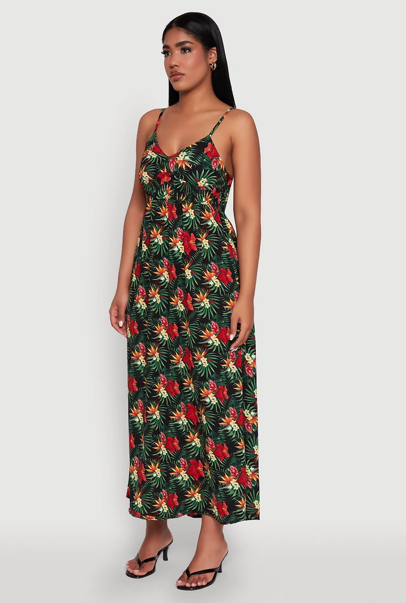 Womens Floral Print Smocked Back Bustier Dress, Multi, Size XL