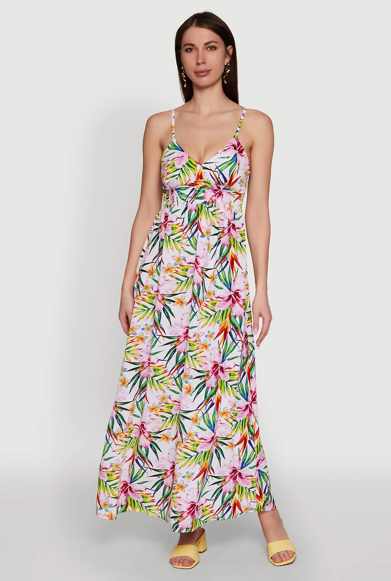 Womens Tropical Floral Maxi Dress with V Neck and Smocked Details, Multi, Size M