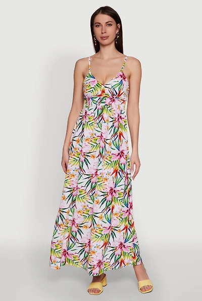 Womens Tropical Floral Maxi Dress with V Neck and Smocked Details, Multi,
