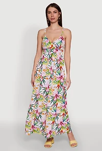 Tropical Floral Maxi Dress with V Neck and Smocked Details