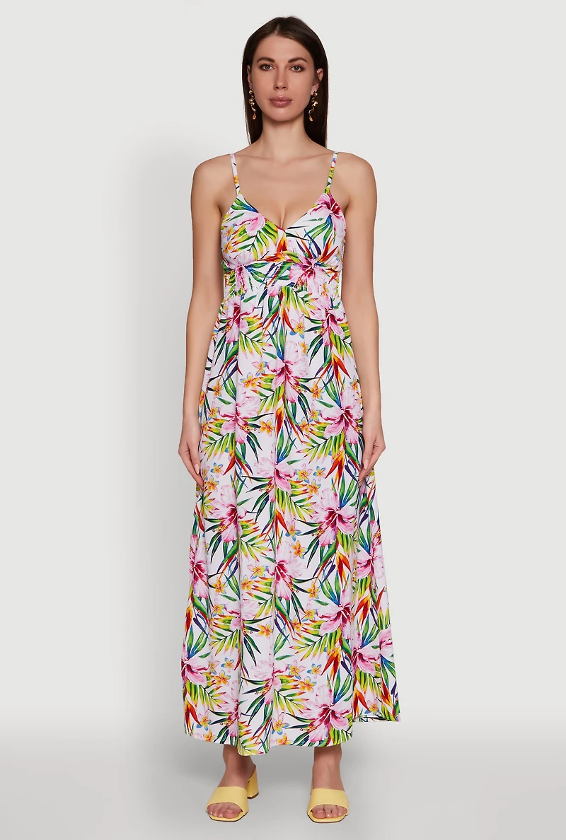 Tropical Floral Maxi Dress with V Neck and Smocked Details