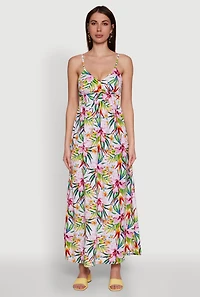 Tropical Floral Maxi Dress with V Neck and Smocked Details