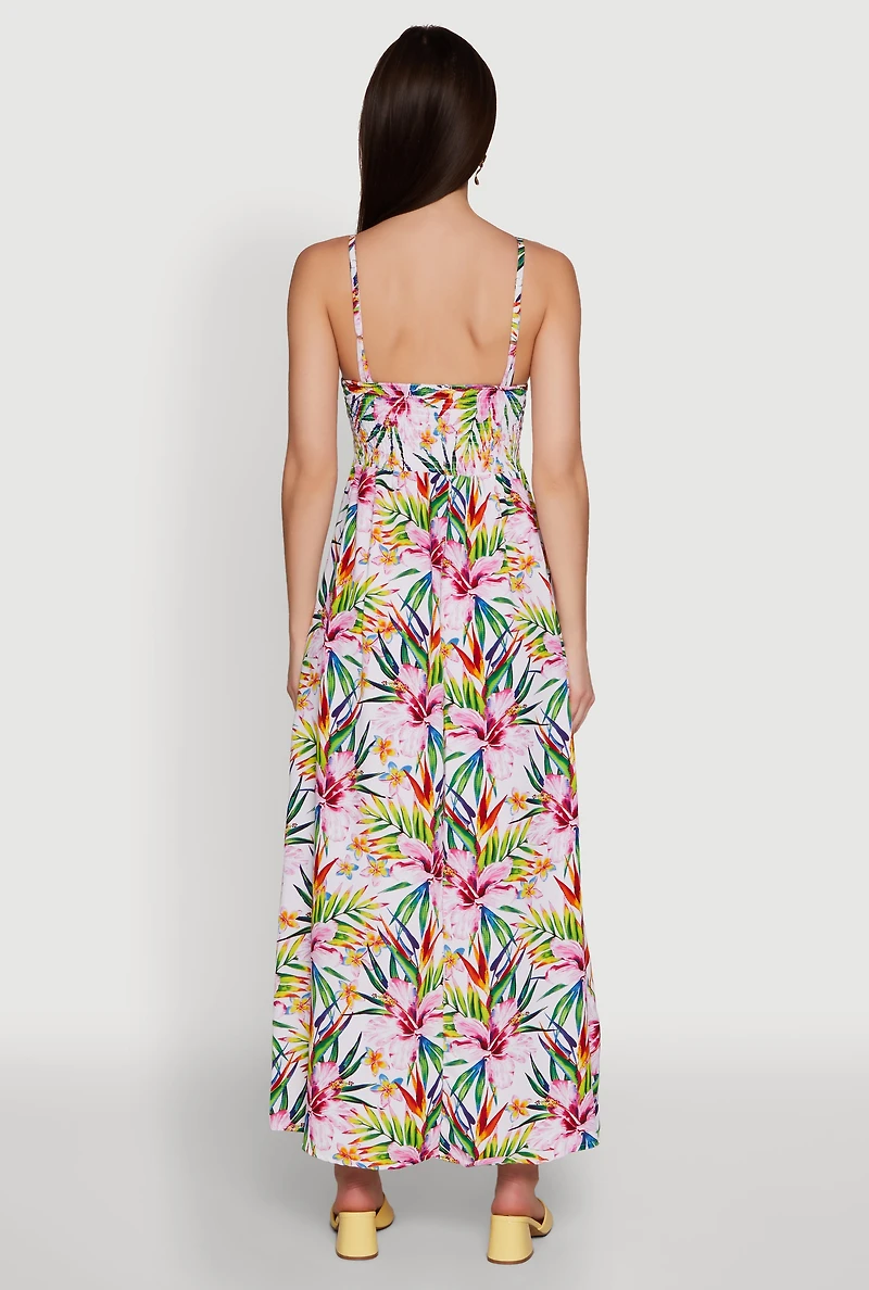 Womens Tropical Floral Maxi Dress with V Neck and Smocked Details, Multi, Size M