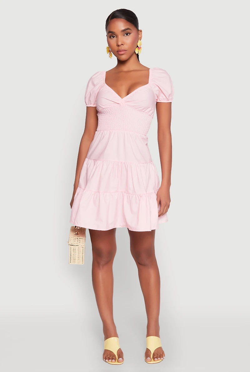 Puff Sleeve Sweetheart Tiered Mini Dress