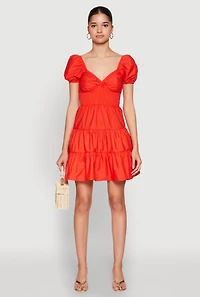 Womens Puff Sleeve Sweetheart Tiered Mini Dress, Orange,