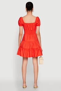 Womens Puff Sleeve Sweetheart Tiered Mini Dress,