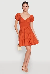 Womens Puff Sleeve Sweetheart Tiered Mini Dress, Orange, Size M