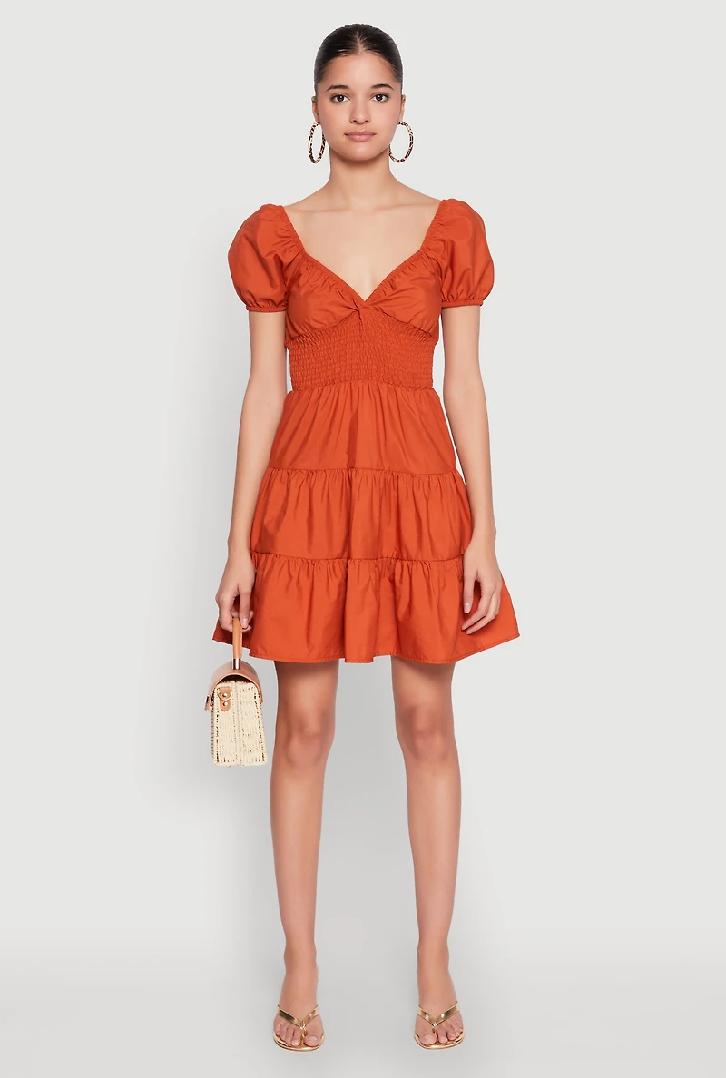 Womens Puff Sleeve Sweetheart Tiered Mini Dress, Orange, Size M