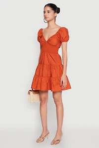 Womens Puff Sleeve Sweetheart Tiered Mini Dress, Orange, Size M