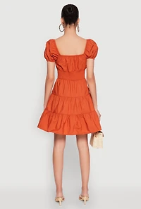 Womens Puff Sleeve Sweetheart Tiered Mini Dress, Orange, Size M
