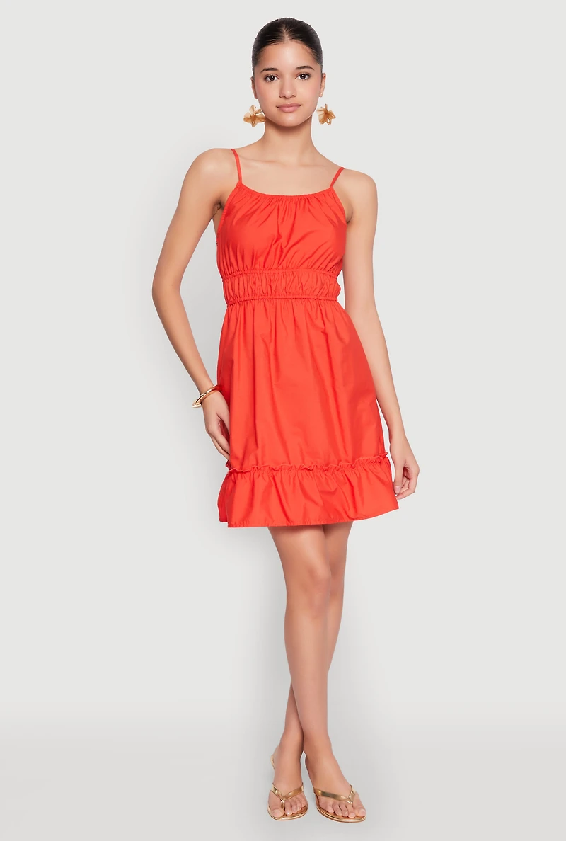 Womens Spaghetti Strap Empire Waist Mini Dress, Orange,