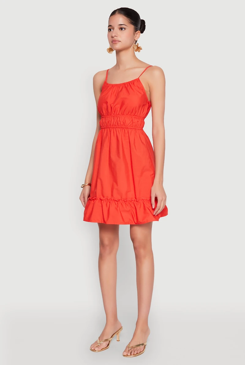 Womens Spaghetti Strap Empire Waist Mini Dress, Orange,