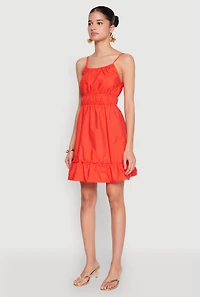 Womens Spaghetti Strap Empire Waist Mini Dress, Orange,