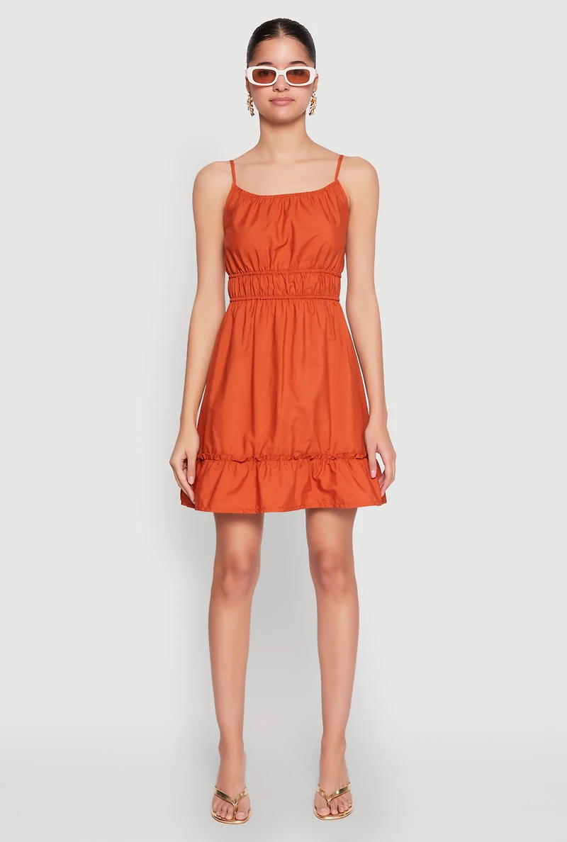 Womens Spaghetti Strap Empire Waist Mini Dress, Orange,