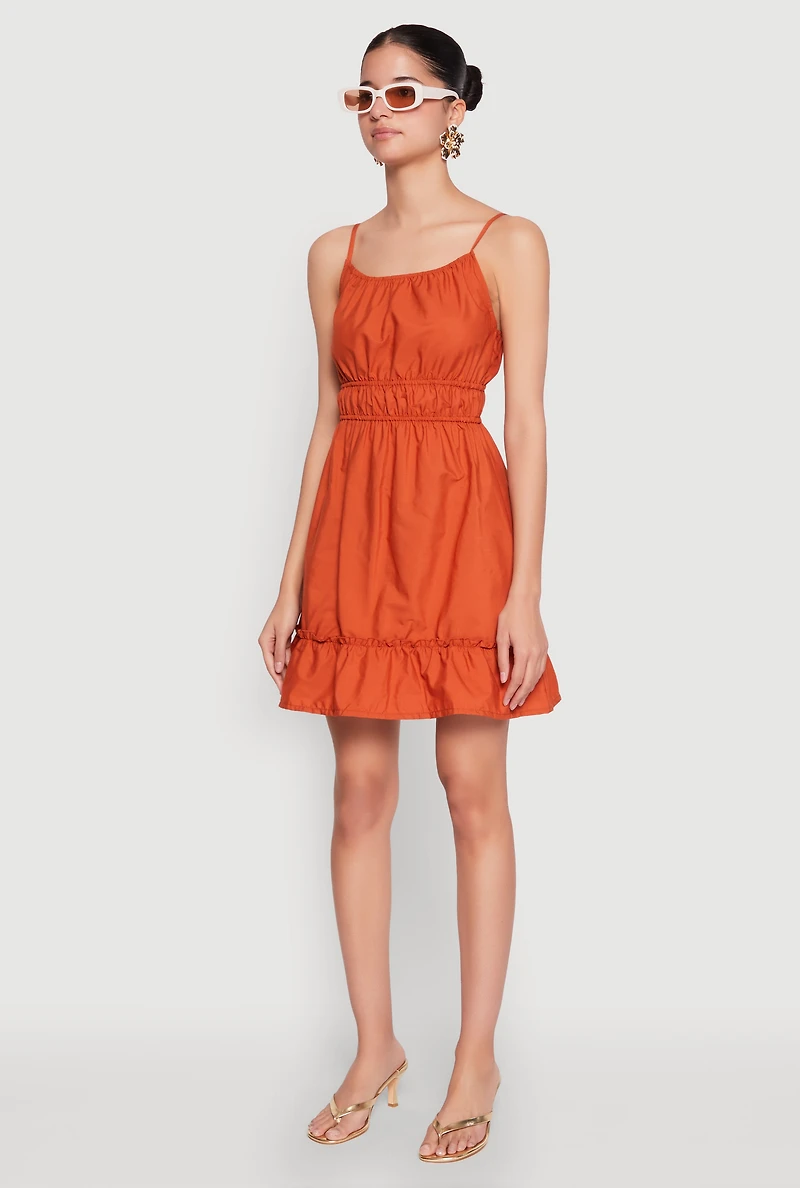 Womens Spaghetti Strap Empire Waist Mini Dress, Orange,