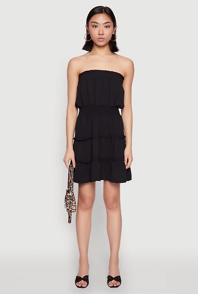 Womens Strapless Smocked Tiered Mini Dress,