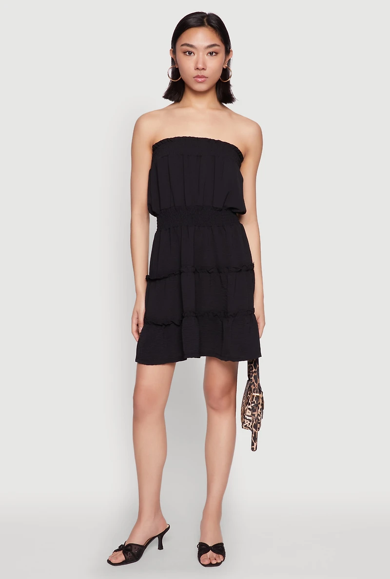 Womens Strapless Smocked Tiered Mini Dress, Black, Size S