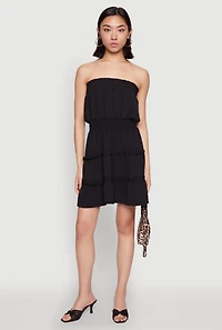 Womens Strapless Smocked Tiered Mini Dress, Black, Size S