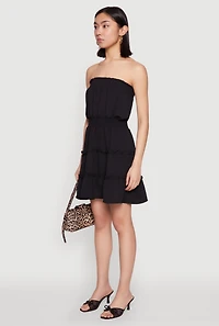 Womens Strapless Smocked Tiered Mini Dress, Black, Size S