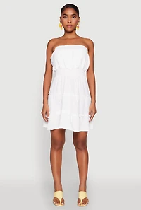 Womens Strapless Smocked Tiered Mini Dress, White,