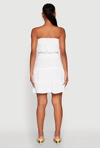 Womens Strapless Smocked Tiered Mini Dress, White,