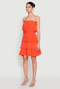 Womens Strapless Smocked Tiered Mini Dress, Orange, Size XL