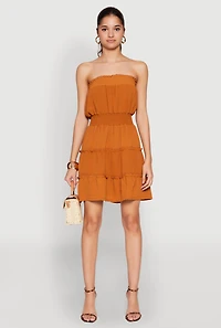 Womens Strapless Smocked Tiered Mini Dress, Orange, Size M