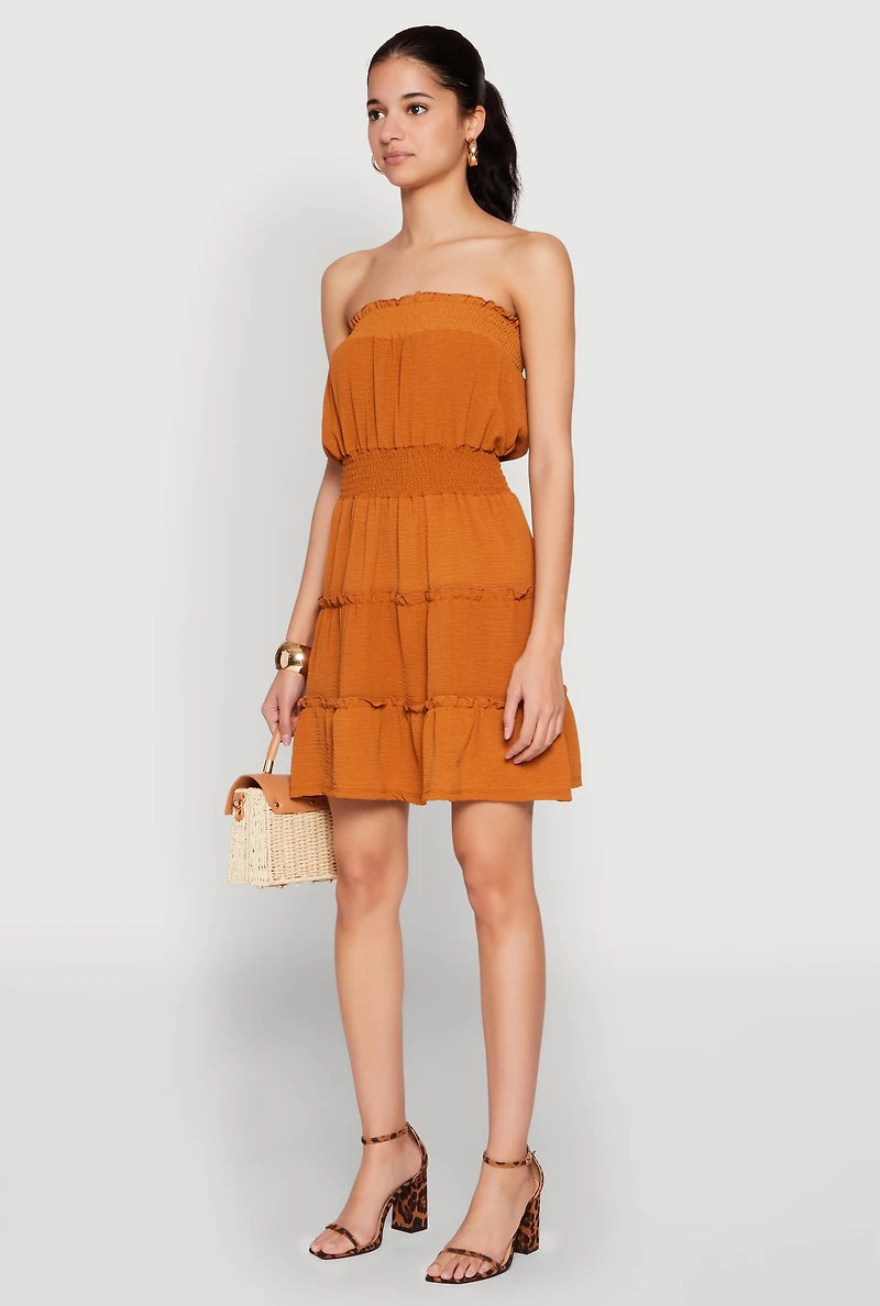 Womens Strapless Smocked Tiered Mini Dress, Orange, Size M