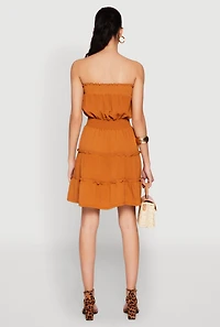 Womens Strapless Smocked Tiered Mini Dress, Orange, Size M