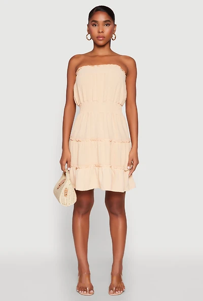 Womens Strapless Smocked Tiered Mini Dress,