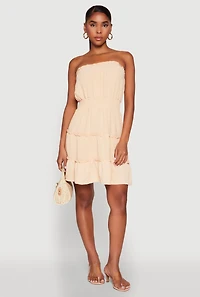 Womens Strapless Smocked Tiered Mini Dress,