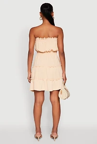 Womens Strapless Smocked Tiered Mini Dress,