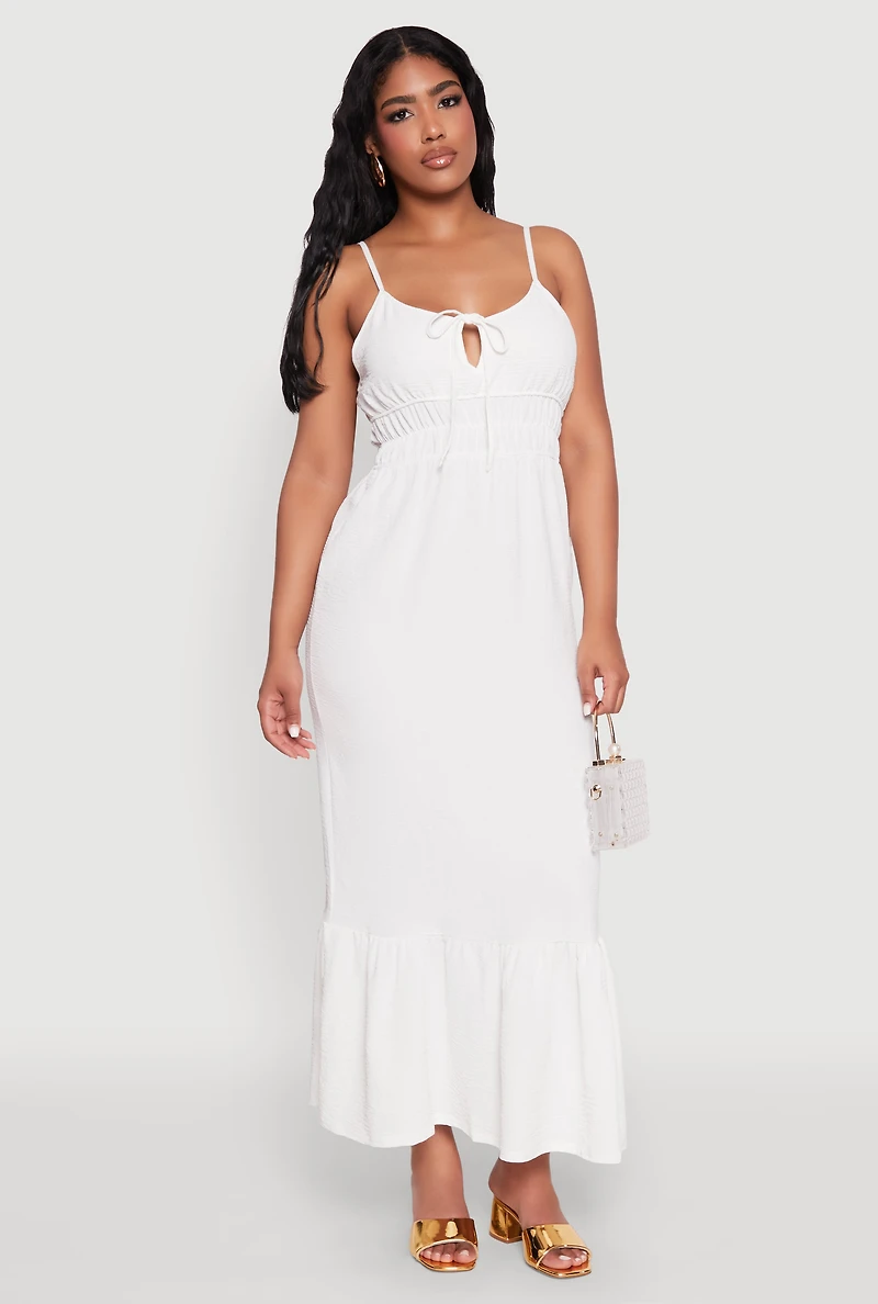 Womens Tie Front Keyhole Flounce Hem Maxi Dress, White, Size M