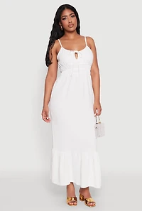Womens Tie Front Keyhole Flounce Hem Maxi Dress, White, Size M