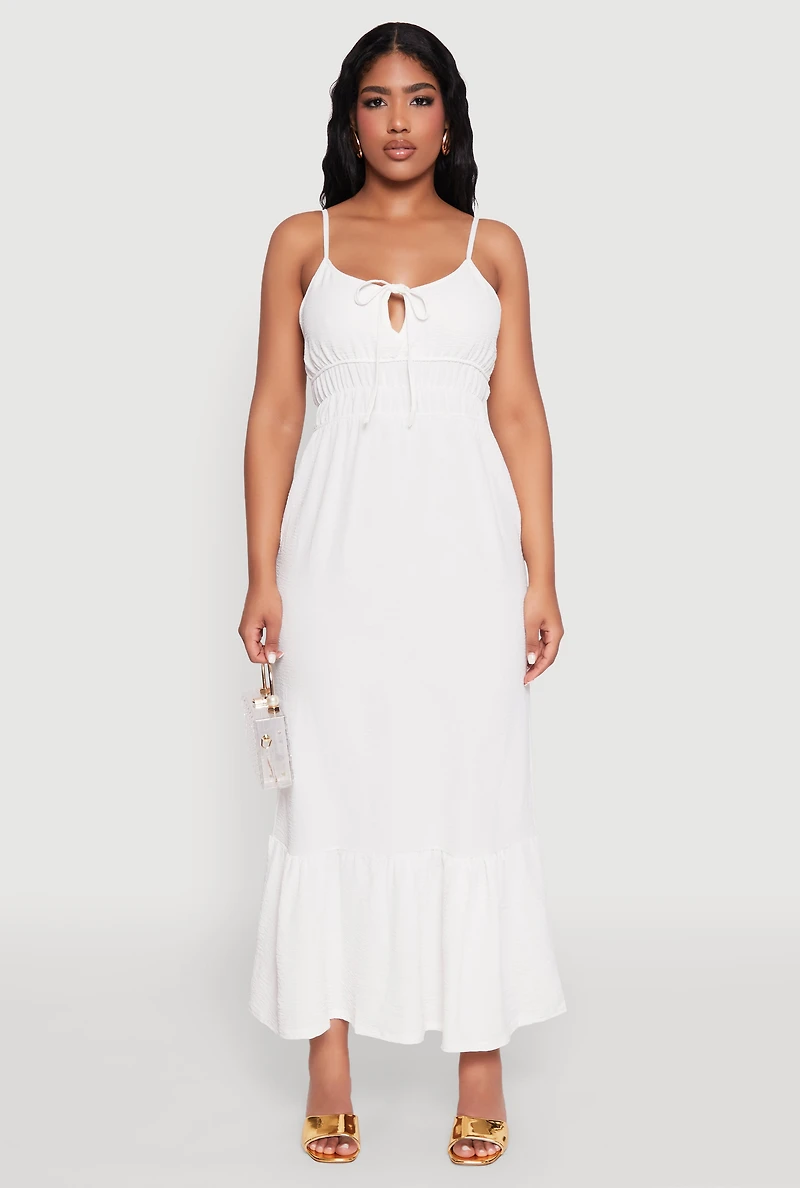Womens Tie Front Keyhole Flounce Hem Maxi Dress, White, Size M
