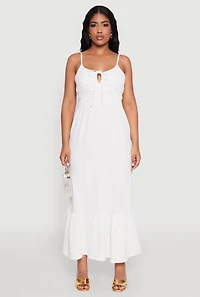 Womens Tie Front Keyhole Flounce Hem Maxi Dress, White, Size M