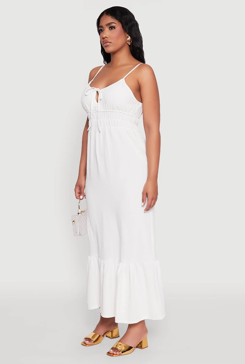 Womens Tie Front Keyhole Flounce Hem Maxi Dress, White, Size M