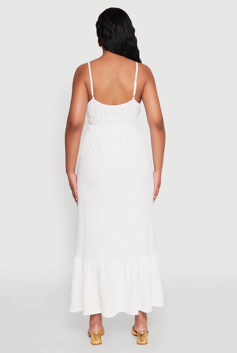 Womens Tie Front Keyhole Flounce Hem Maxi Dress, White, Size M