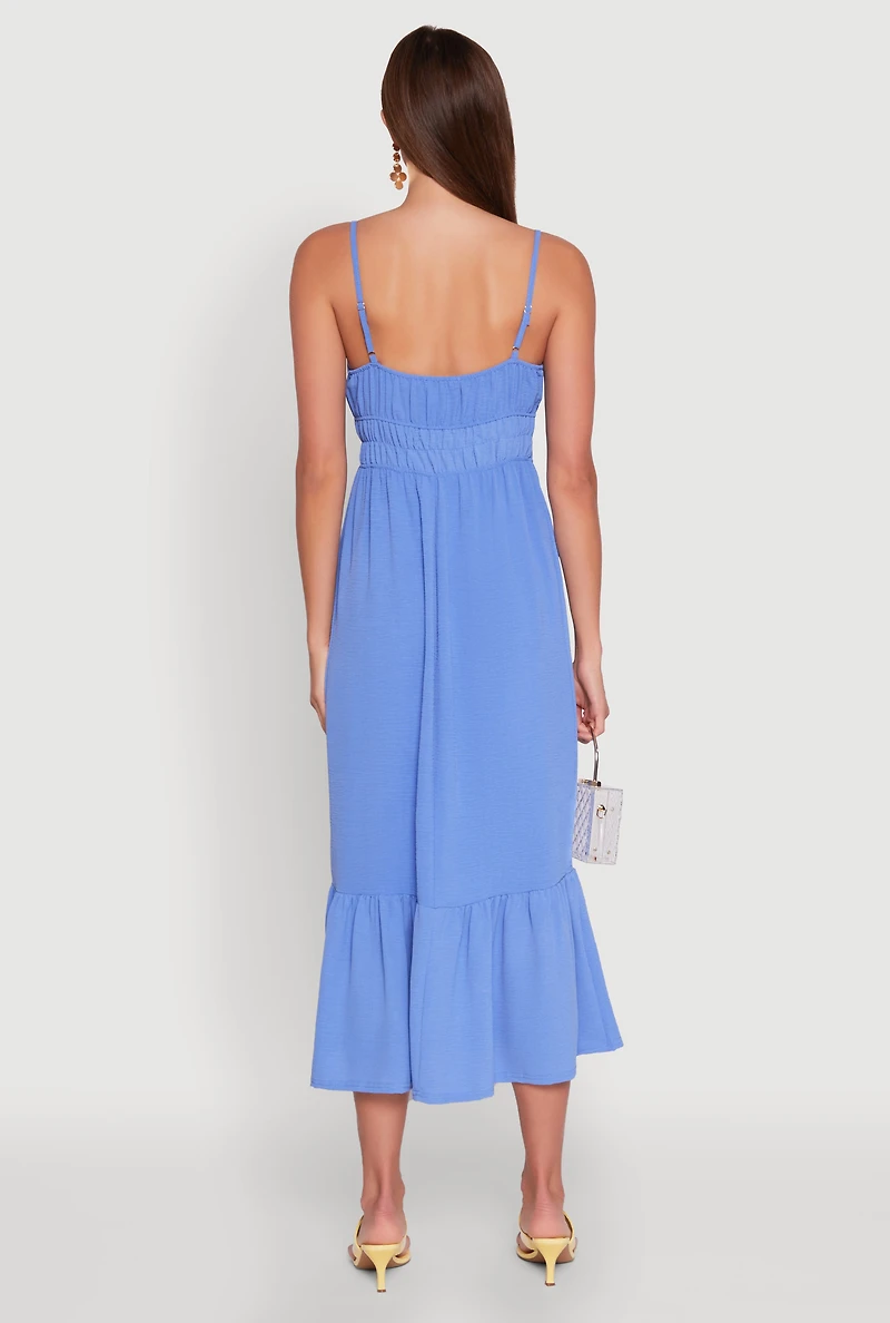 Womens Tie Front Keyhole Flounce Hem Maxi Dress, Blue, Size M